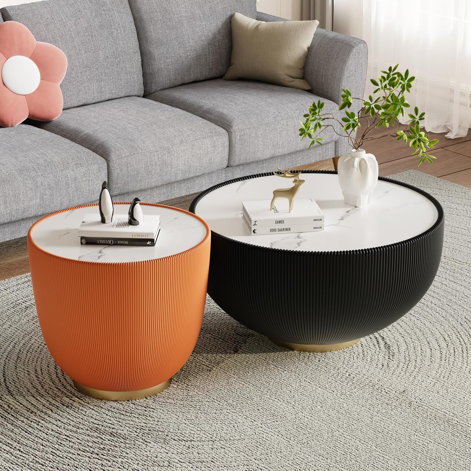 Orange Round Coffee Table with Sintered Stone Tabletop, 19.69 Drum Coffee Table with Fluted PU Leather Covered and Metal Base, Circle Cocktail Tea Table for Living Room