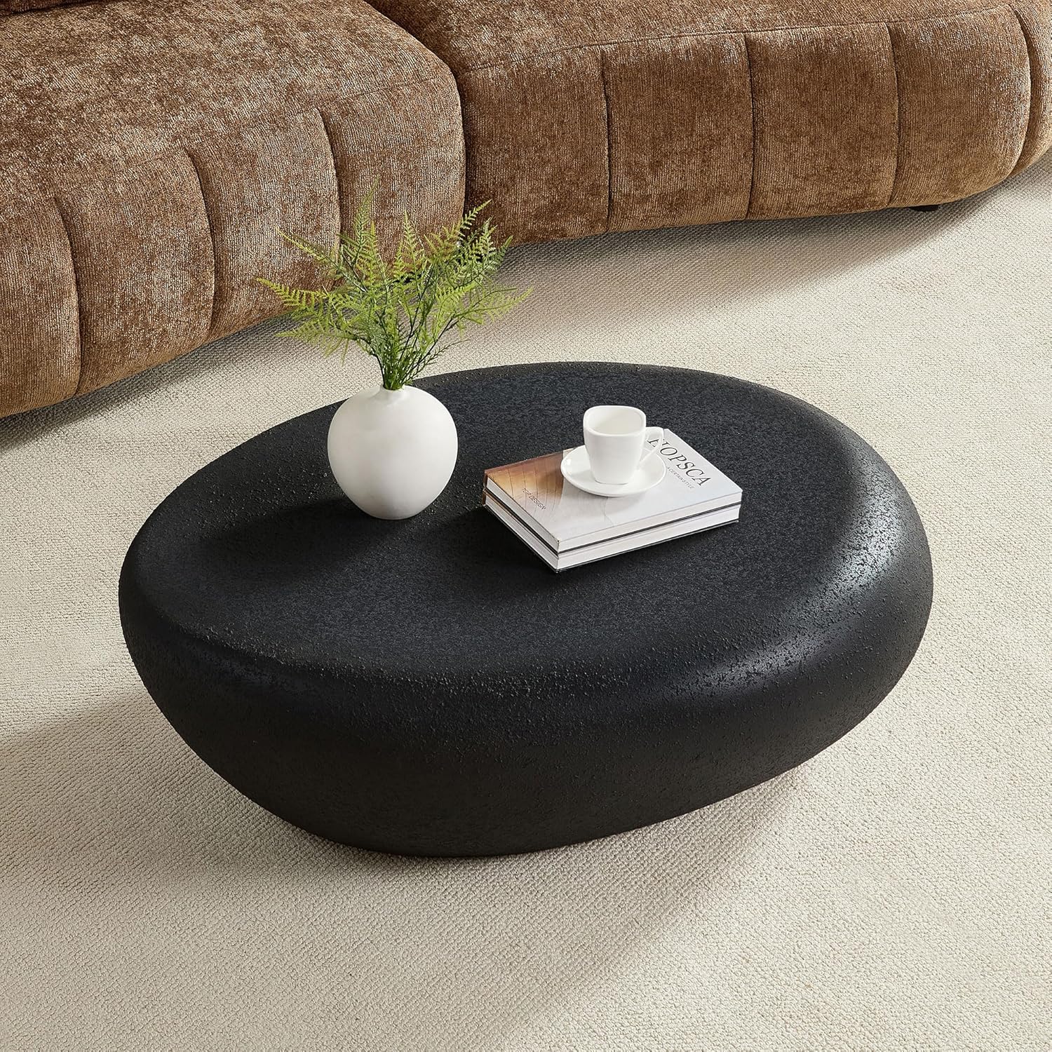 43.3' Fiberglass Elliptical Oval Vintage Coffee Table for Living Room,Irregular Center Matte Rocks Table Front of The Sofa,No Need Assembly,Black