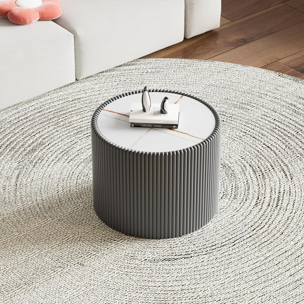 Round Coffee Table Set with Sintered Stone Tabletop, 29.52' Black Drum Center Table and 17.71' Grey Coffee Table Set, 2 Pieces Living Room Table Set with Fluted PU Leather Cover& Stable Base