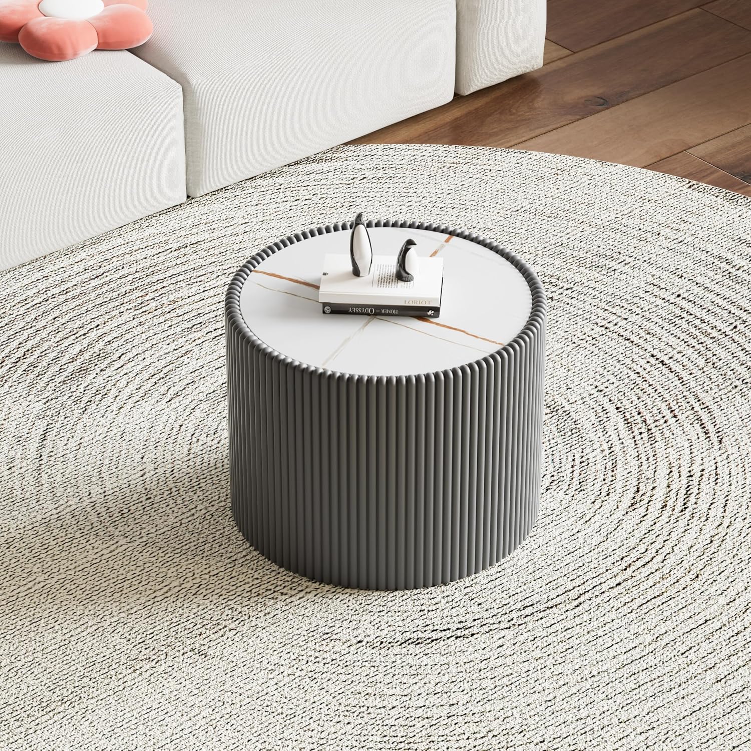 Round Coffee Table Set with Sintered Stone Tabletop, 29.52' Grey Drum Center Table and 17.71' Grey Coffee Table Set, 2 Pieces Living Room Table Set with Fluted PU Leather Cover& Stable Base