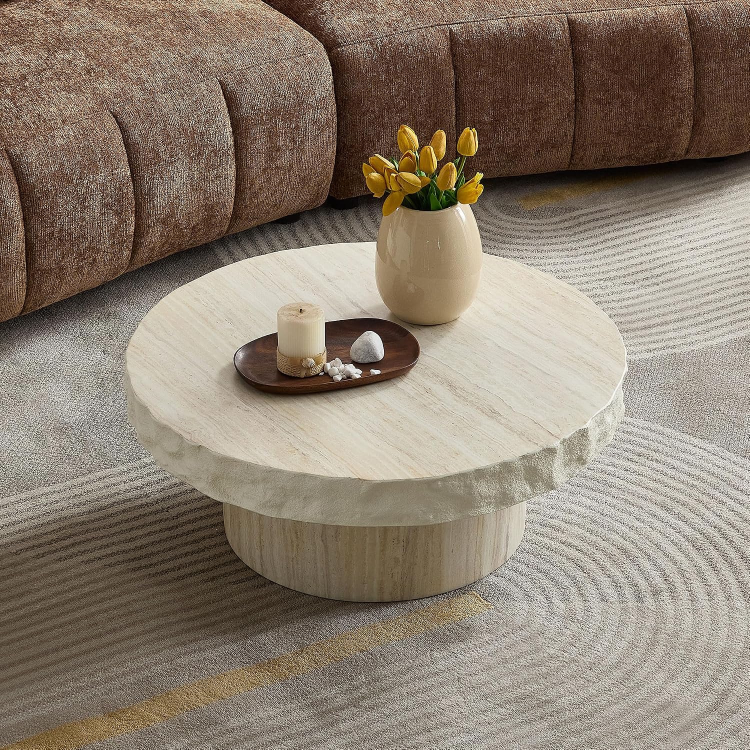 31.69' Round Coffee Table with Faux Travertine Stone Pedestal, Modern Circle Center Side End Table for Living Room, Office, Apartment, No Assembly Falux Marble Mars Stone Fibgerglass Beige