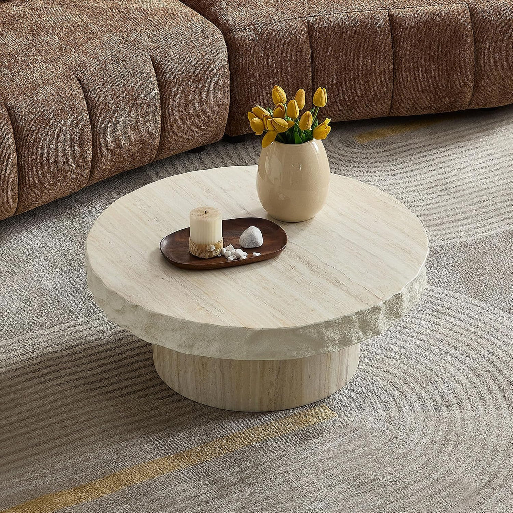 JUSTONE Round Coffee Table for Living Room, 31.69 Inch Modern Accent Table with Faux Stone Beige Weathering Finish, Minimalist Side End Table for Apartment Office