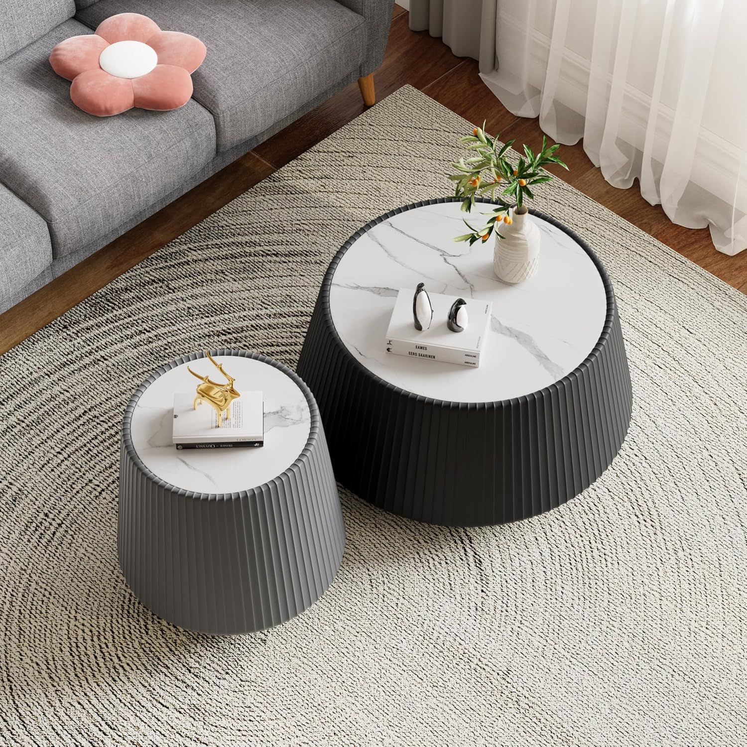 Round Coffee Table Set with Sintered Stone Tabletop, 26.77' Black Drum Center Table and 19.68' Grey Coffee Table Set, 2 Pieces Living Room Table Set with Fluted PU Leather Cover& Stable Base
