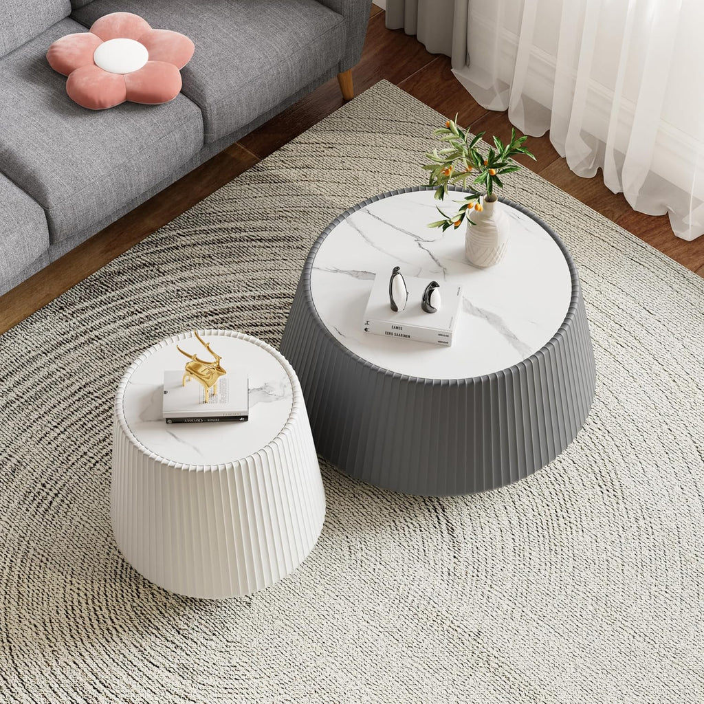 Round Coffee Table Set with Sintered Stone Tabletop, 26.77' Grey Drum Center Table and 19.68' White Coffee Table Set, 2 Pieces Living Room Table Set with Fluted PU Leather Cover& Stable Base