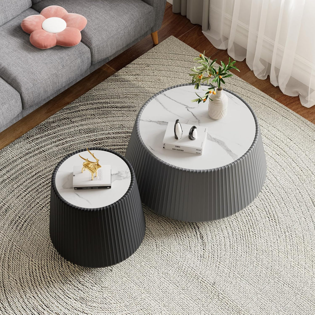 Round Coffee Table Set with Sintered Stone Tabletop, 26.77' Grey Drum Center Table and 19.68' Black Coffee Table Set, 2 Pieces Living Room Table Set with Fluted PU Leather Cover& Stable Base