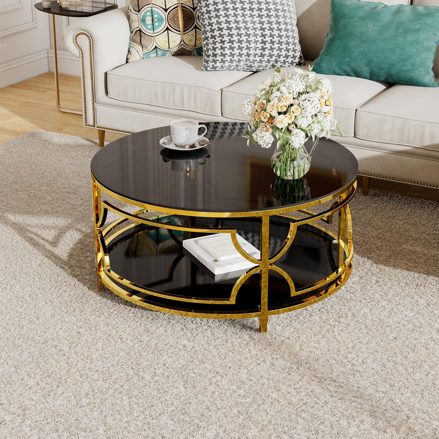Merax 30.7' Round Tempered Glass Coffee Table, Luxurious Gold Geometric Metal Frame Side Table with Lower Storage Shelf, Modern Accent End Tables for Living Room, Bedroom, Apartment, Office, Black