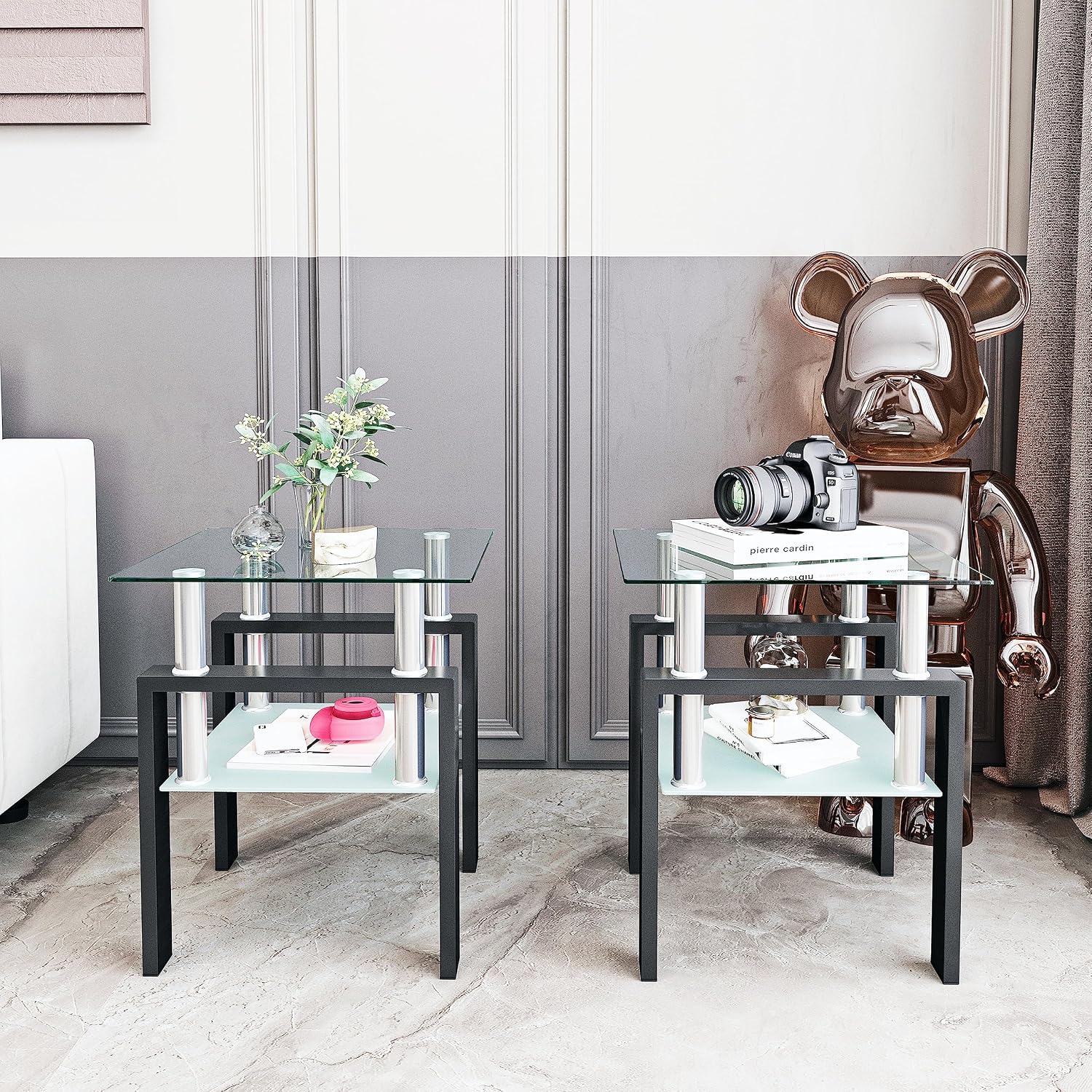Living Room Tables Set,3 Piece Glass Coffee Table and End Tables Set for Living Room, Coffee Table Set with Tempered Glass Tabletop and Metal Frame for Apartment, Small Space, Black
