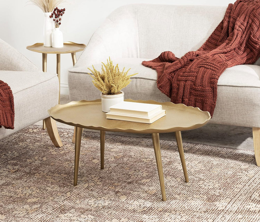 Kate and Laurel Alessia Modern Glam Oval Coffee Table, 34 x 20 x 15, Gold, Metal Living Room Table for Storage and Display with Antique Deckled Edge Detailing