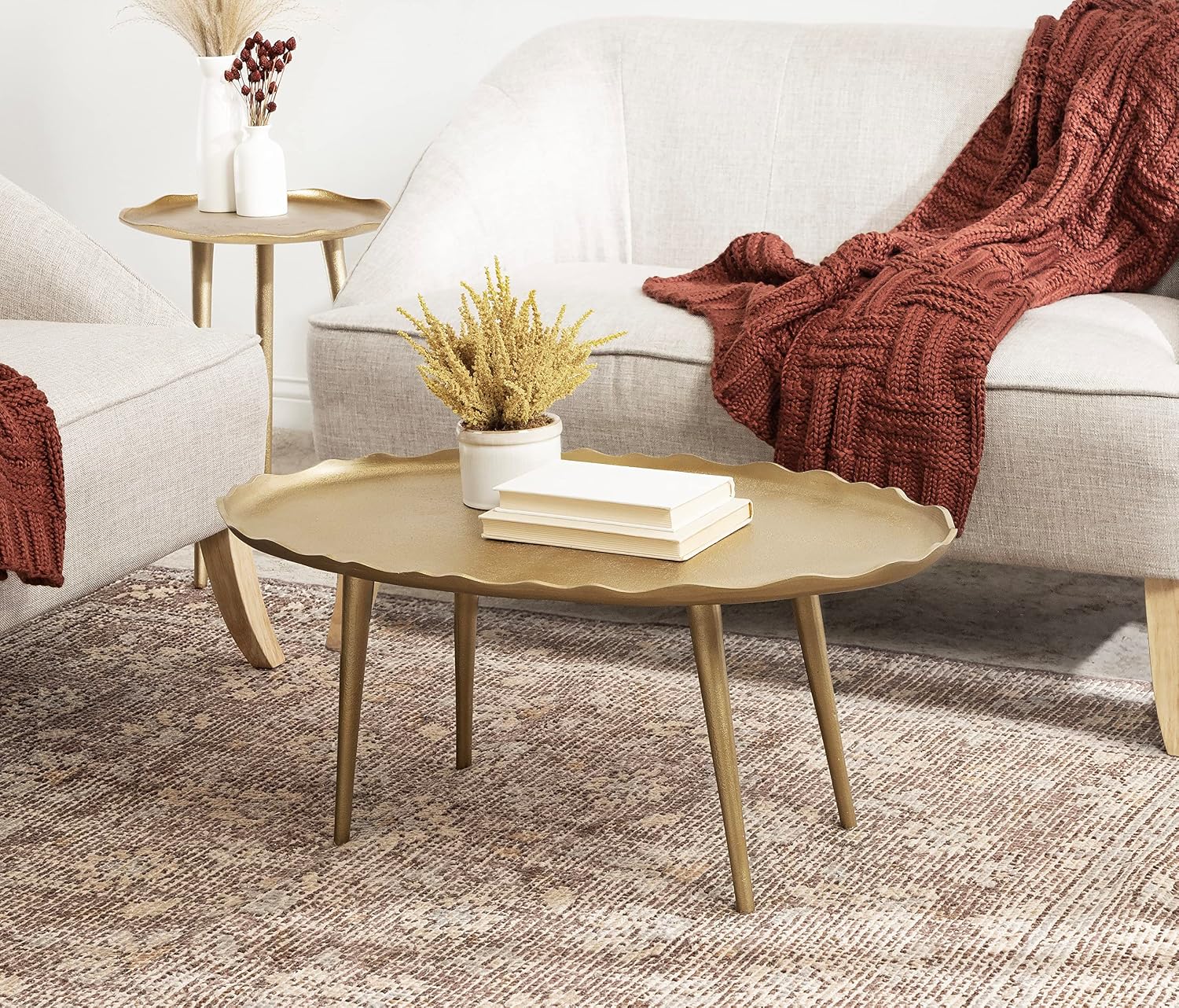 Kate and Laurel Alessia Modern Glam Oval Coffee Table, 34 x 20 x 15, Gold, Metal Living Room Table for Storage and Display with Antique Deckled Edge Detailing