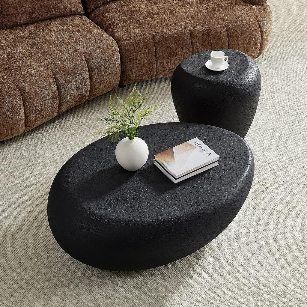 WILLIAMSPACE 19.29' End Table Side Table with Grainy Matte Rocks Pattern, Modern Circle Fiberglass Small Coffee Sofa Table, No Need Assembly (Black)