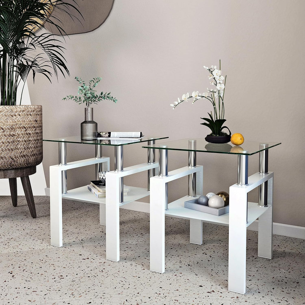 Living Room Tables Set,3 Piece Glass Coffee Table and End Tables Set for Living Room, Coffee Table Set with Tempered Glass Tabletop and Metal Frame for Apartment, Small Space, White