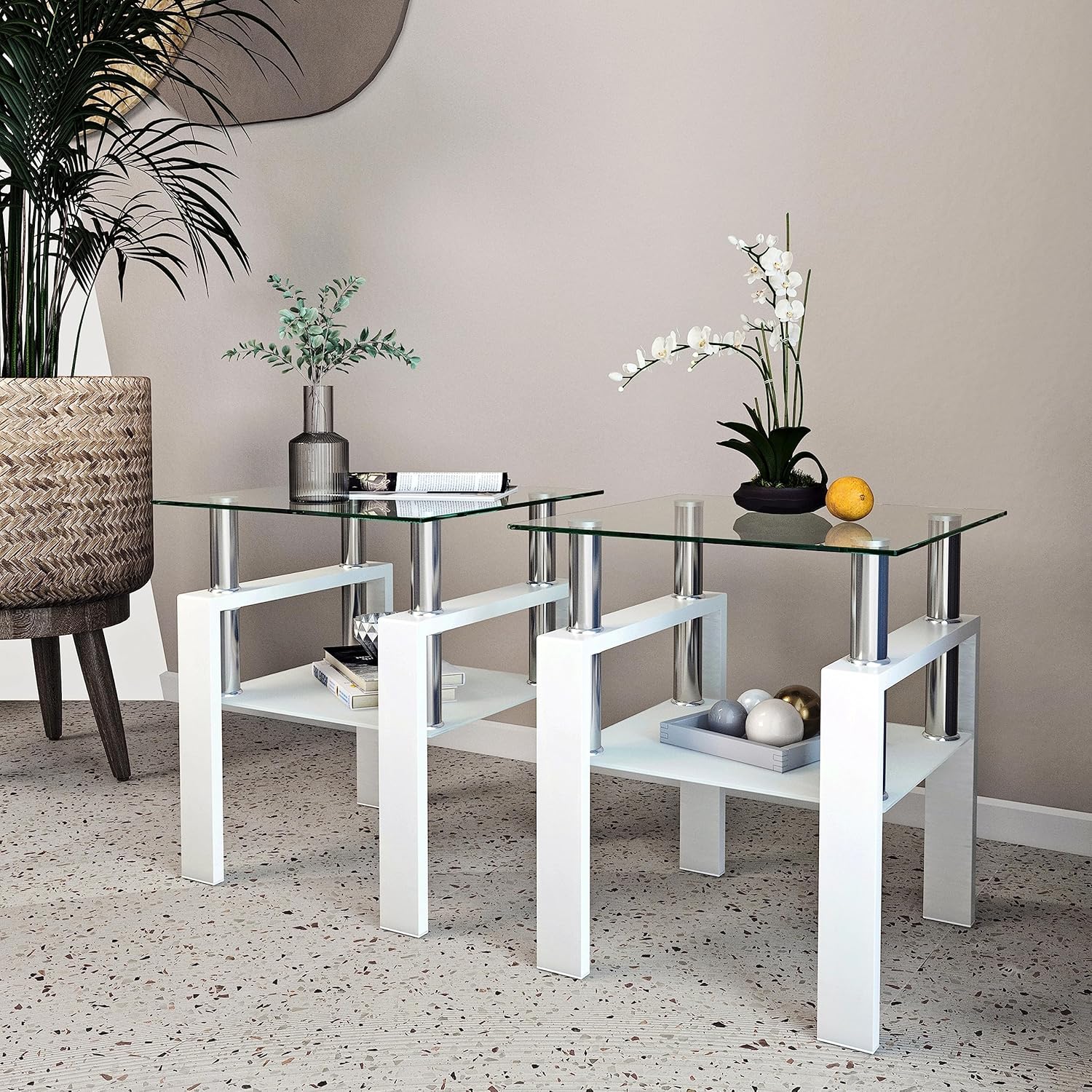 Living Room Tables Set,3 Piece Glass Coffee Table and End Tables Set for Living Room, Coffee Table Set with Tempered Glass Tabletop and Metal Frame for Apartment, Small Space, White