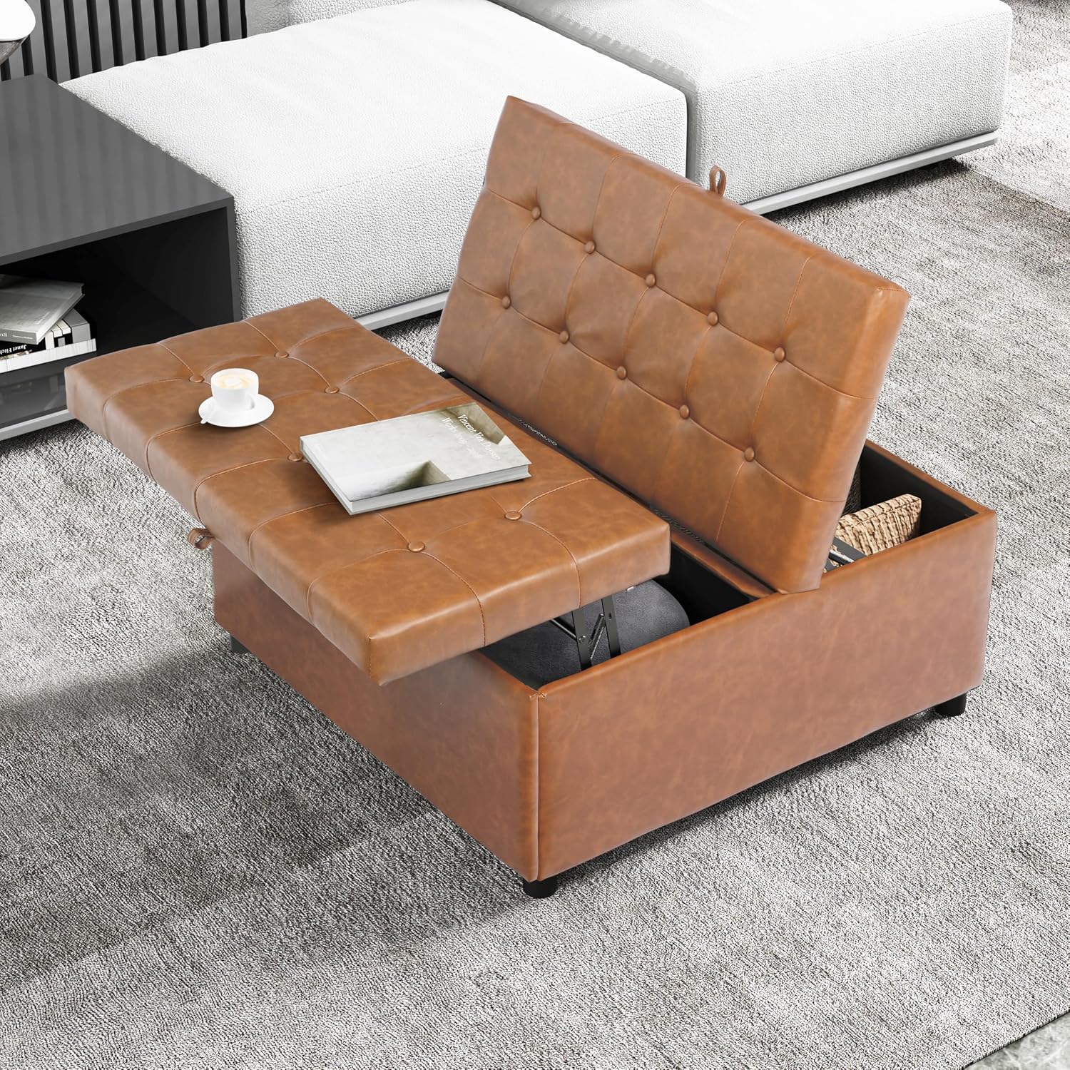 LINLUX 35.5 Inch Large Leather Storage Ottoman, Square Ottoman Coffee Table, Lift Top Tufted Ottomans Toy Box Footrest for Living Room, Brown