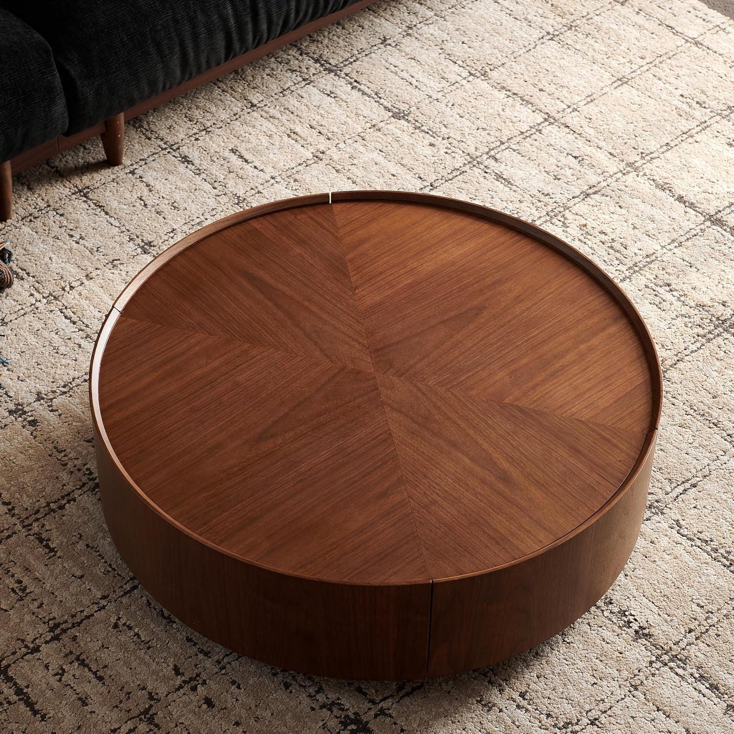 WILLIAMSPACE 35.43' Round Coffee Table with 2 Drawers Storage, Modern Circle Drum Center Table Tea Table for Living Room Apartment, No Need Assembly - Walnut