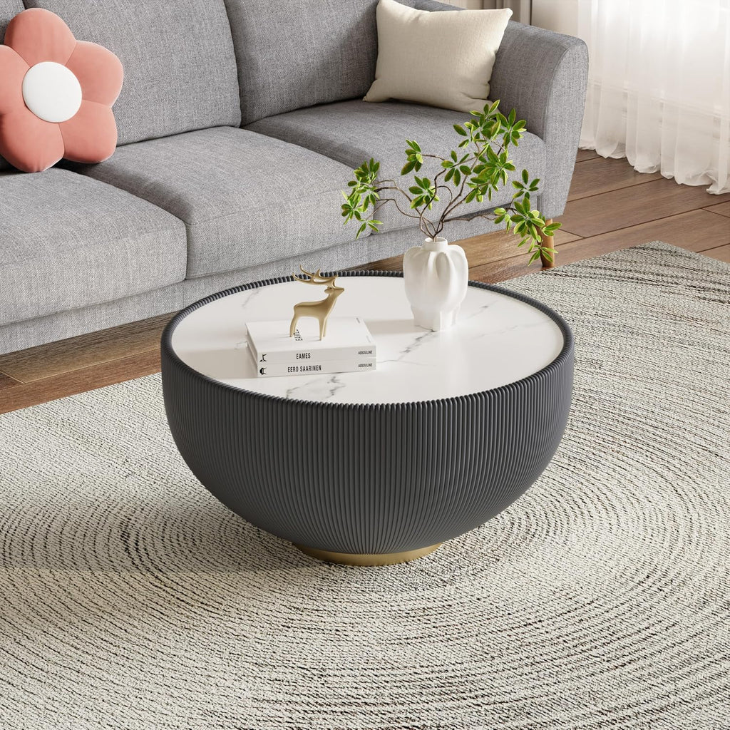 Grey Round Coffee Table with Sintered Stone Tabletop, 27.56' Drum Coffee Table with Fluted PU Leather Covered and Metal Base, Circle Cocktail Tea Table for Living Room