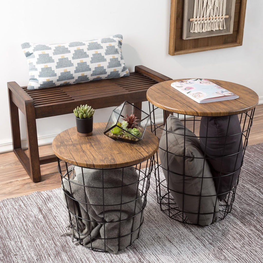 Lavish Home End Tables Set of 2 - Nesting Tables with Removable Wood Tops and Metal Basket Bases for Blanket Storage - Round Side Pieces for Living Room, Bedroom, or Home Office (Brown/Black)