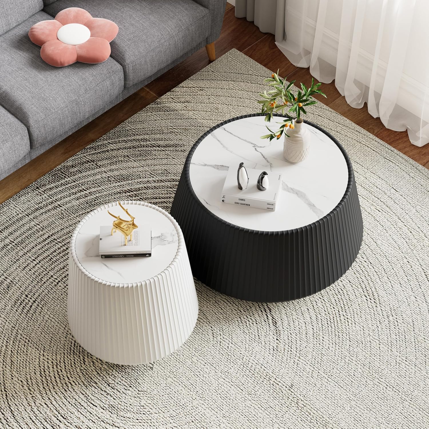 Round Coffee Table Set with Sintered Stone Tabletop, 26.77' Black Drum Center Table and 19.68' White Coffee Table Set, 2 Pieces Living Room Table Set with Fluted PU Leather Cover& Stable Base