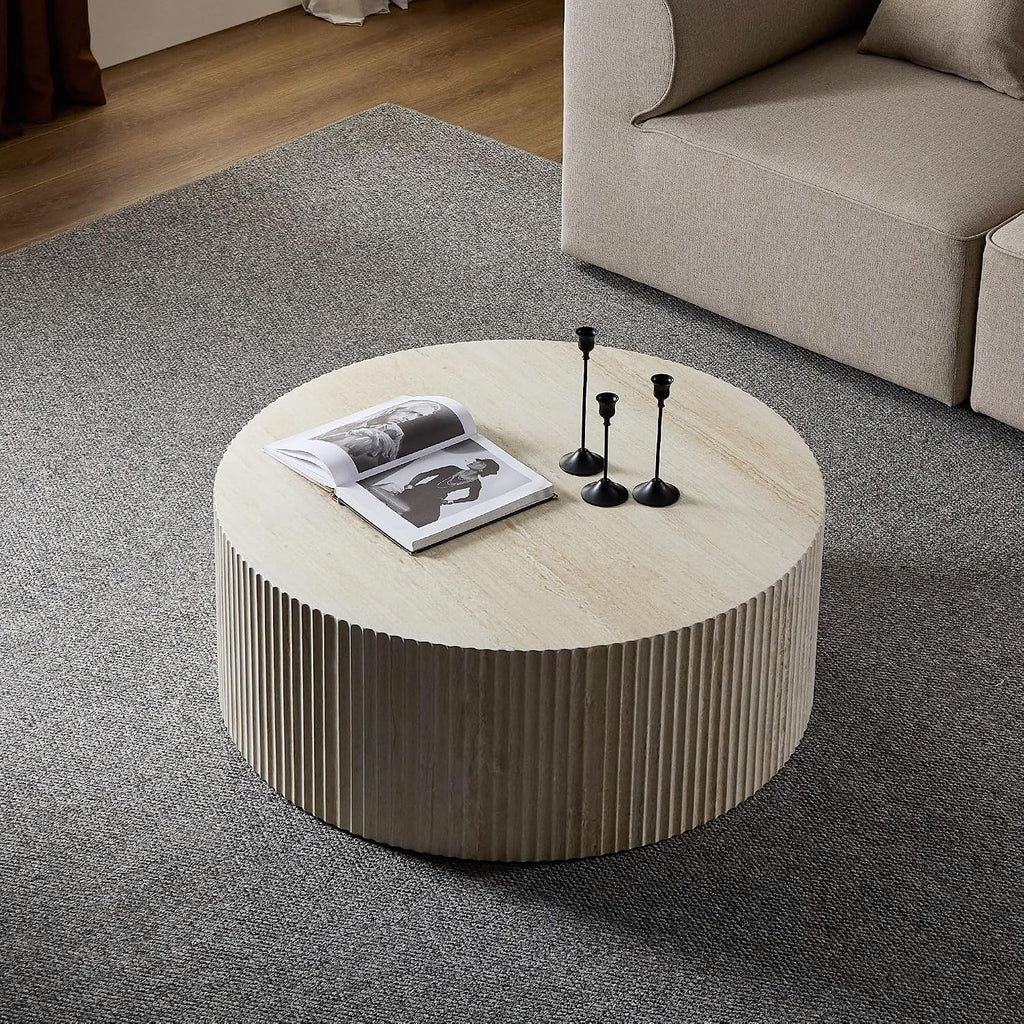 WILLIAMSPACE 35.43' Round Coffee Table with Eye-Catching Relief Design, Modern Luxury Faux Travertine Center Table Accent Side Tea Table for Living Room, No Need Assembly - Beige