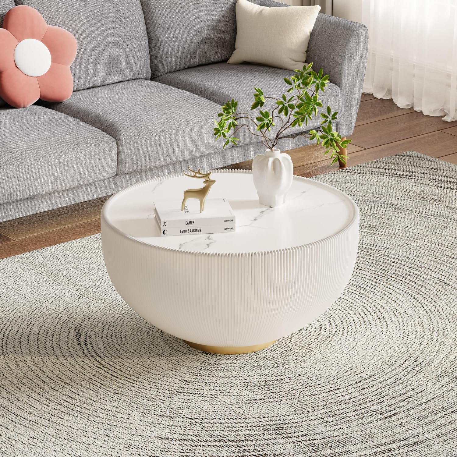 White Round Coffee Table with Sintered Stone Tabletop, 27.56' Drum Coffee Table with Fluted PU Leather Covered and Metal Base, Circle Cocktail Tea Table for Living Room