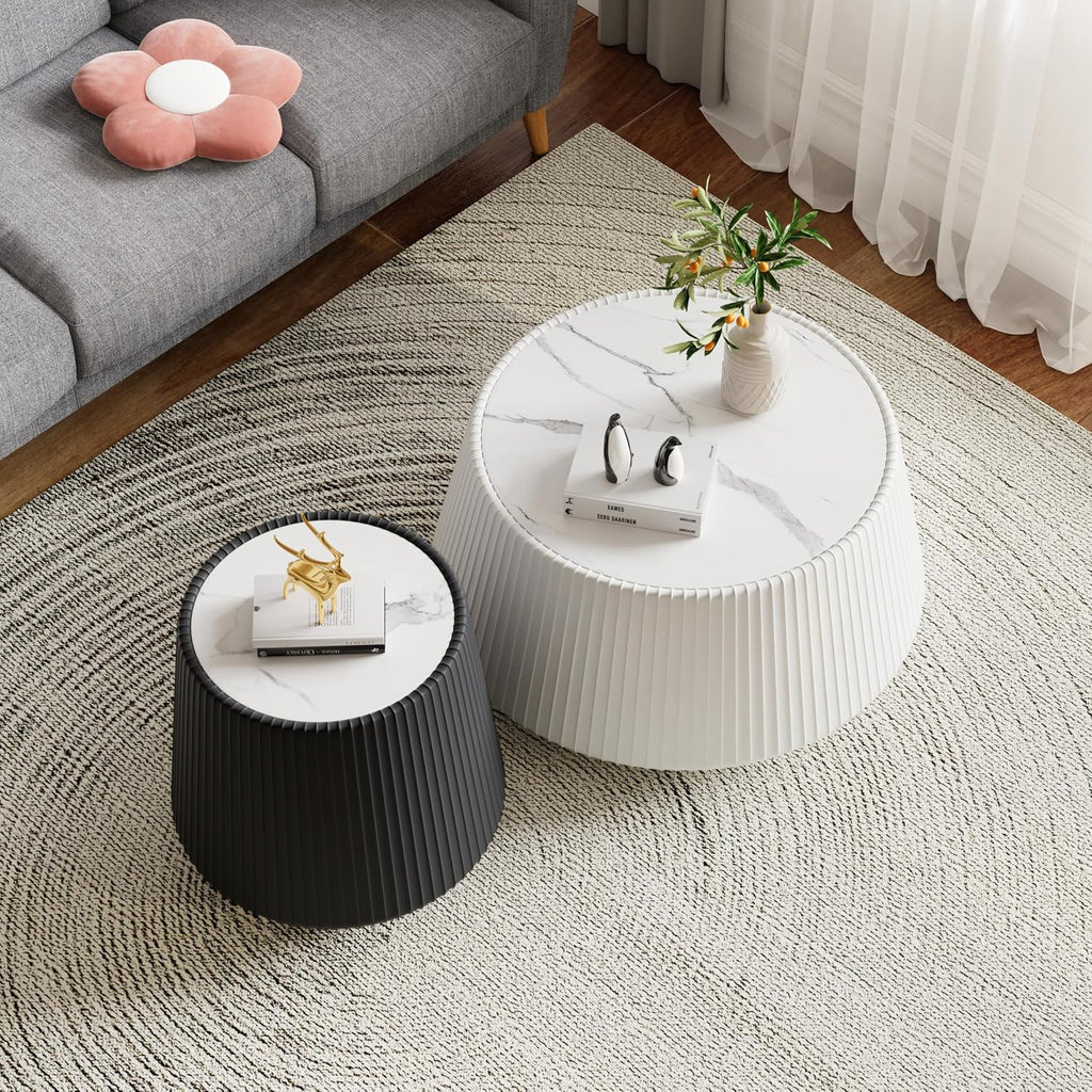 Round Coffee Table Set with Sintered Stone Tabletop, 26.77' White Drum Center Table and 19.68' Black Coffee Table Set, 2 Pieces Living Room Table Set with Fluted PU Leather Cover& Stable Base