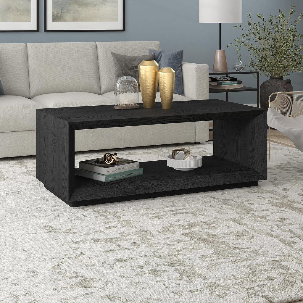 Henn&Hart 48' Rectangular Coffee Table with Open Storage Shelf for Living Room, Family Room, or Office, Natural Black