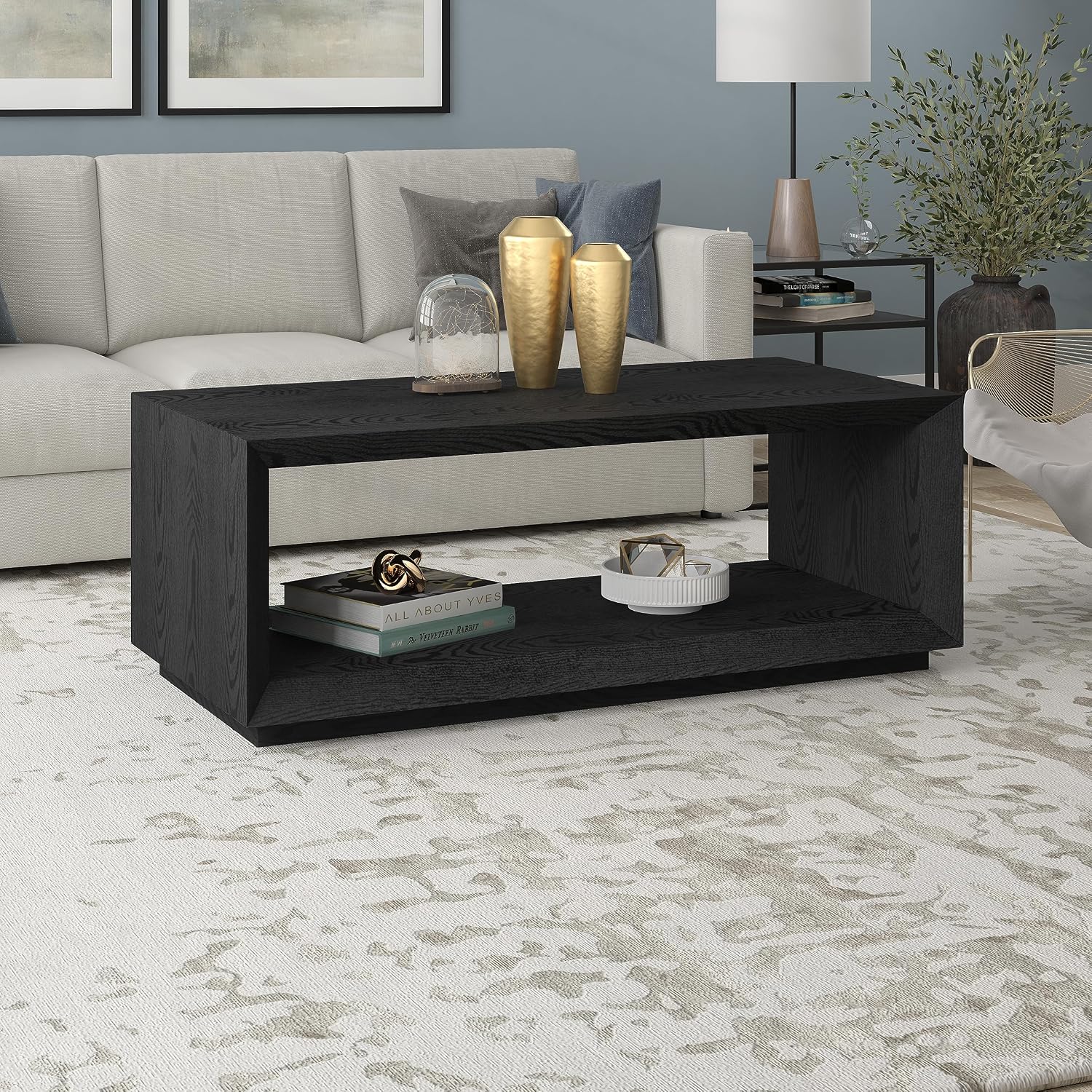 Henn&Hart 48' Rectangular Coffee Table with Open Storage Shelf for Living Room, Family Room, or Office, Natural Black