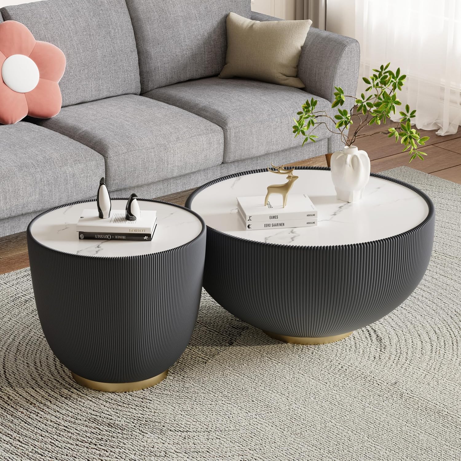 Round Coffee Table Set with Sintered Stone Tabletop, 27.56' Grey Drum Center Table and 19.69' Grey Coffee Table Set, 2 Pieces Living Room Table Set with Fluted PU Leather Cover& Metal Base