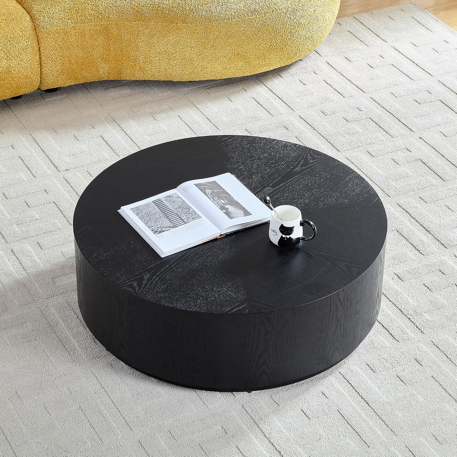WILLIAMSPACE 35.43' Round Coffee Table for Living Room, Modern Wooden Drum Coffee Table Circle Center Table Side Table End Table for Apartment Office, No Need Assembly (Black)