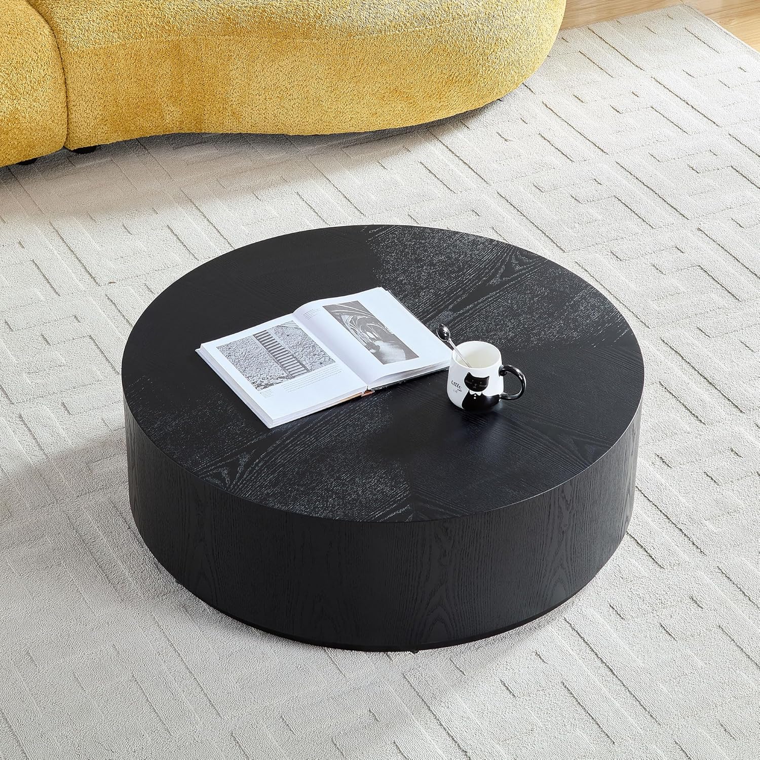JUSTONE Round Coffee Tables for Living Room,Modern Minimalist Side Tables Accent End Table MDF Drum Center Table for Apartment,Office,Ø35.43'' x 12' H,Black