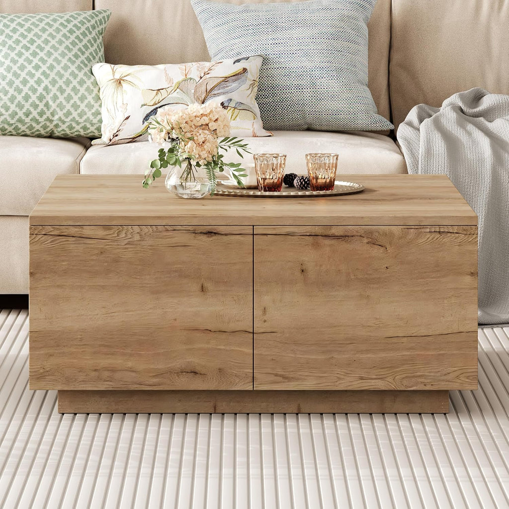 SSLine Square Coffee Table with 4 Storage Drawers,33.2-Inch Natural Wooden Coffee Table for Living Room Minimalist Cocktail Center Tables for Small Space
