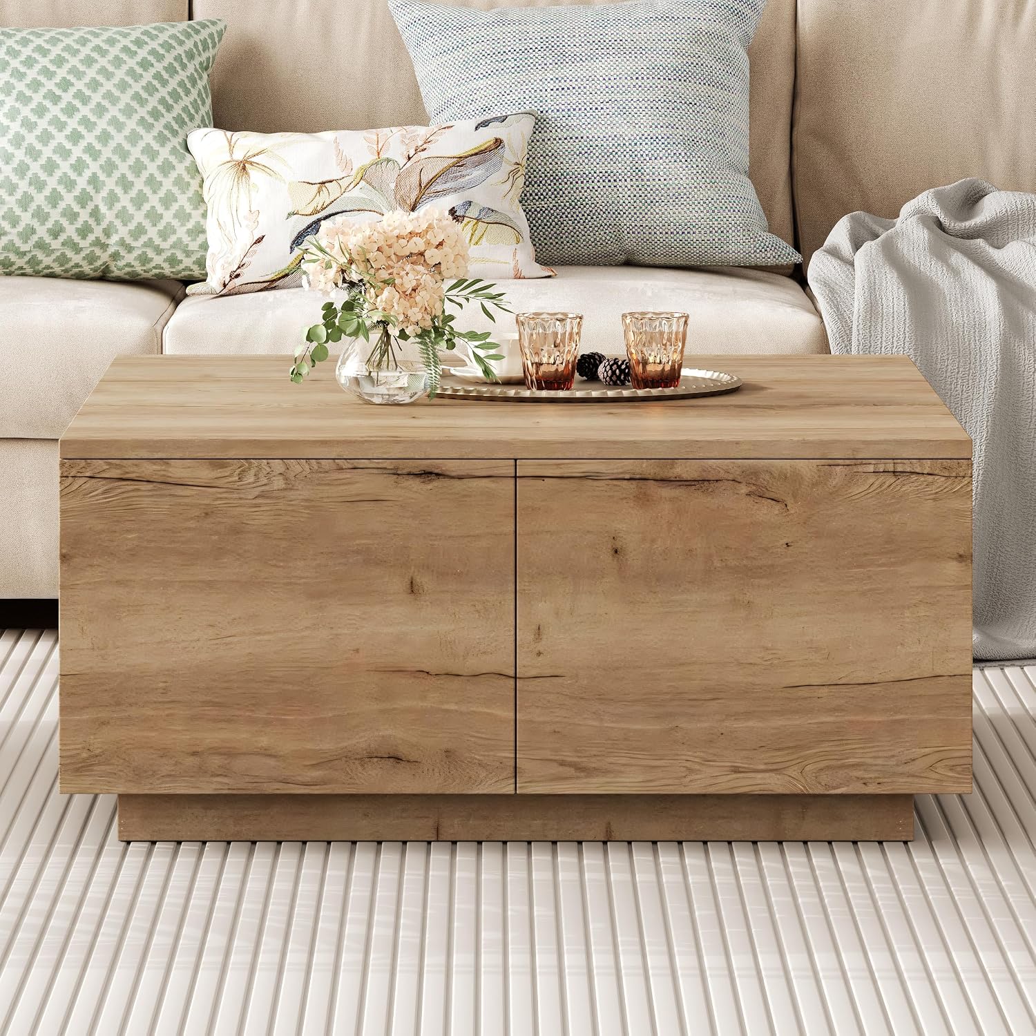 SSLine Square Coffee Table with 4 Storage Drawers,33.2-Inch Natural Wooden Coffee Table for Living Room Minimalist Cocktail Center Tables for Small Space