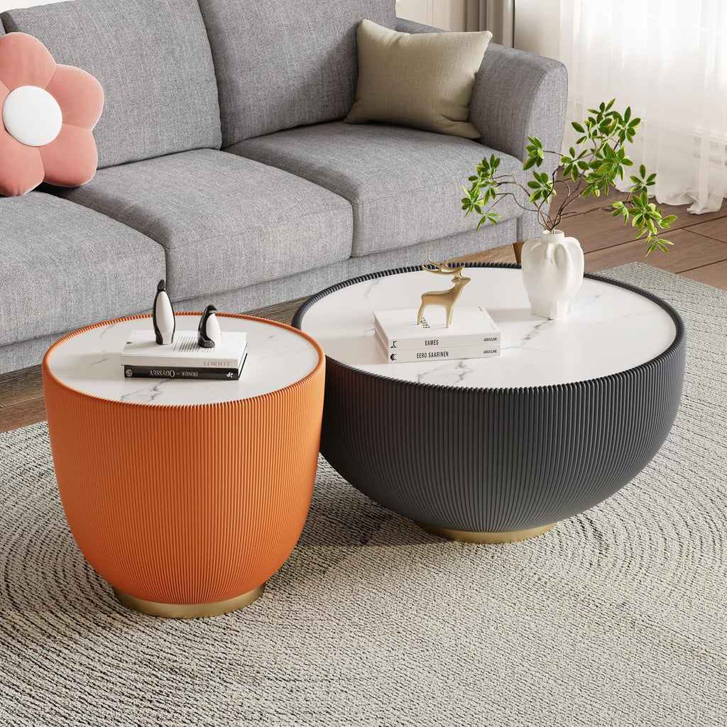 Round Coffee Table Set with Sintered Stone Tabletop, 27.56' Grey Drum Center Table and 19.69' Orange Coffee Table Set, 2 Pieces Living Room Table Set with Fluted PU Leather Cover& Metal Base