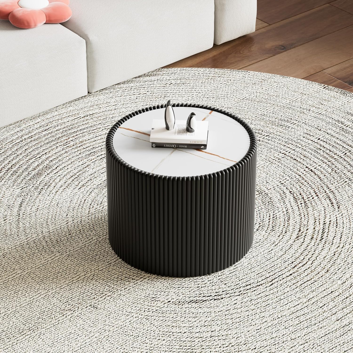 Round Coffee Table Set with Sintered Stone Tabletop, 29.52' Black Drum Center Table and 17.71' Black Coffee Table Set, 2 Pieces Living Room Table Set with Fluted PU Leather Cover& Stable Base