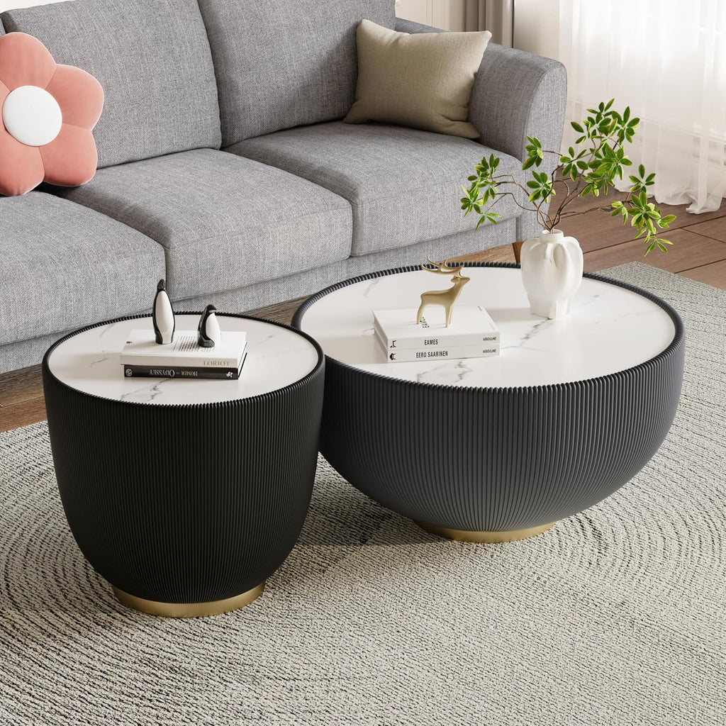 Round Coffee Table Set with Sintered Stone Tabletop, 27.56' Grey Drum Center Table and 19.69' Black Coffee Table Set, 2 Pieces Living Room Table Set with Fluted PU Leather Cover& Metal Base