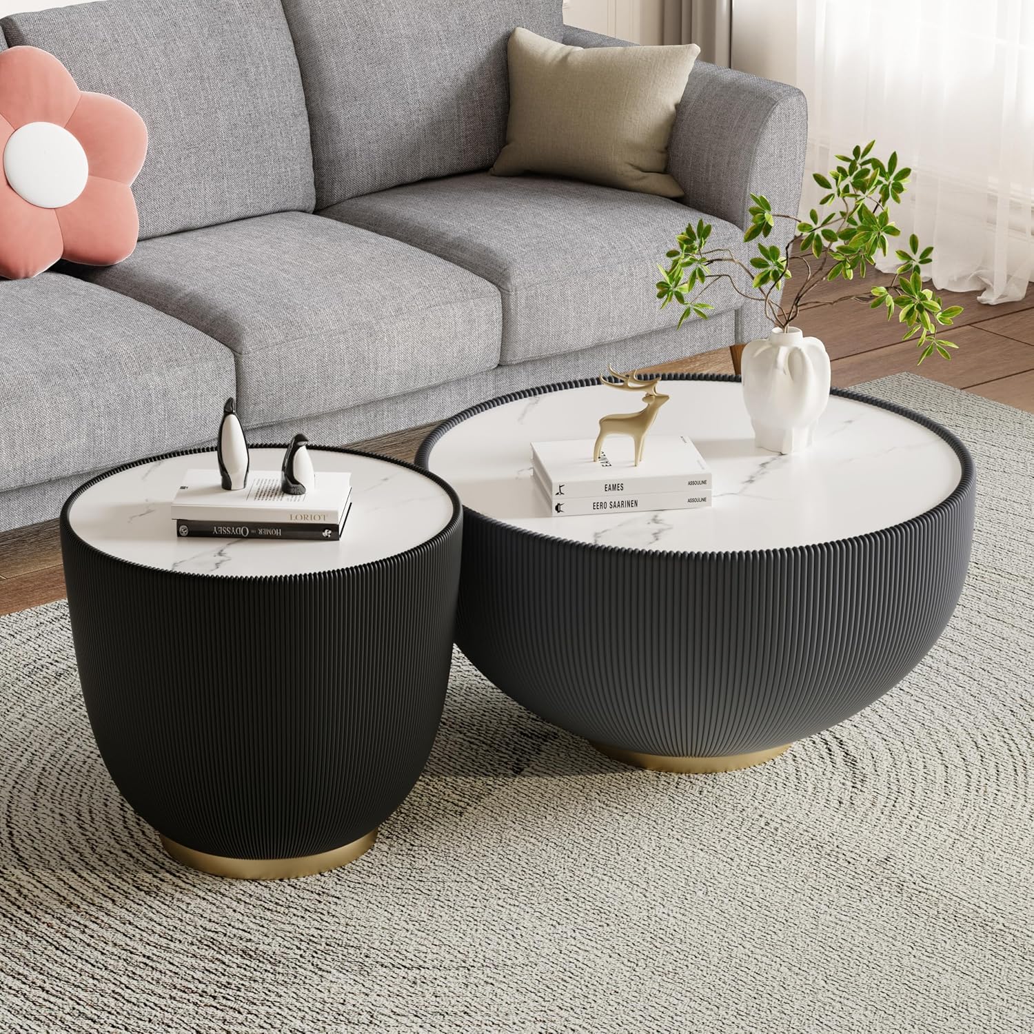 Round Coffee Table Set with Sintered Stone Tabletop, 27.56' Grey Drum Center Table and 19.69' Black Coffee Table Set, 2 Pieces Living Room Table Set with Fluted PU Leather Cover& Metal Base
