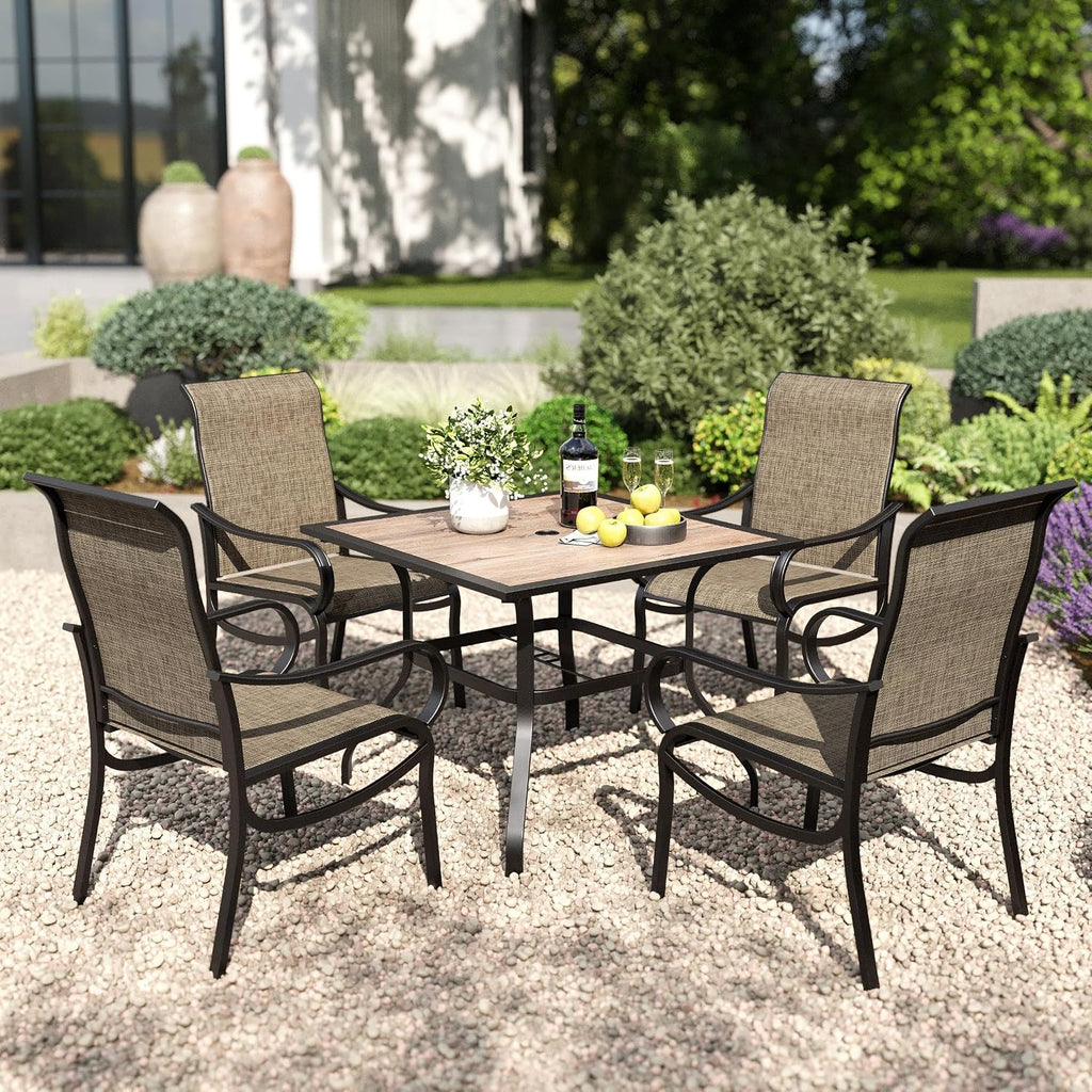 PHI VILLA 5 Piece Outdoor Dining Set, PVC Wooden-Like Square Table with Umbrella Holes and 4 High Back Fixed Chairs All Weather Patio Table and Chairs Set for Outdoor Deck Garden