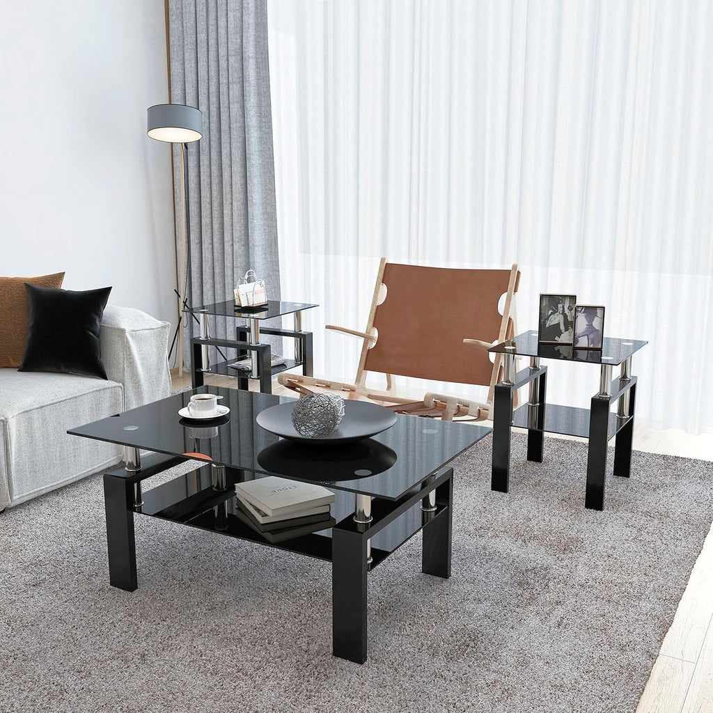 Living Room Tables Set,3 Piece Glass Coffee Table and End Tables Set with Tempered Glass Tabletop and Metal Frame for Living Room,Apartment, Small Space, Full Black