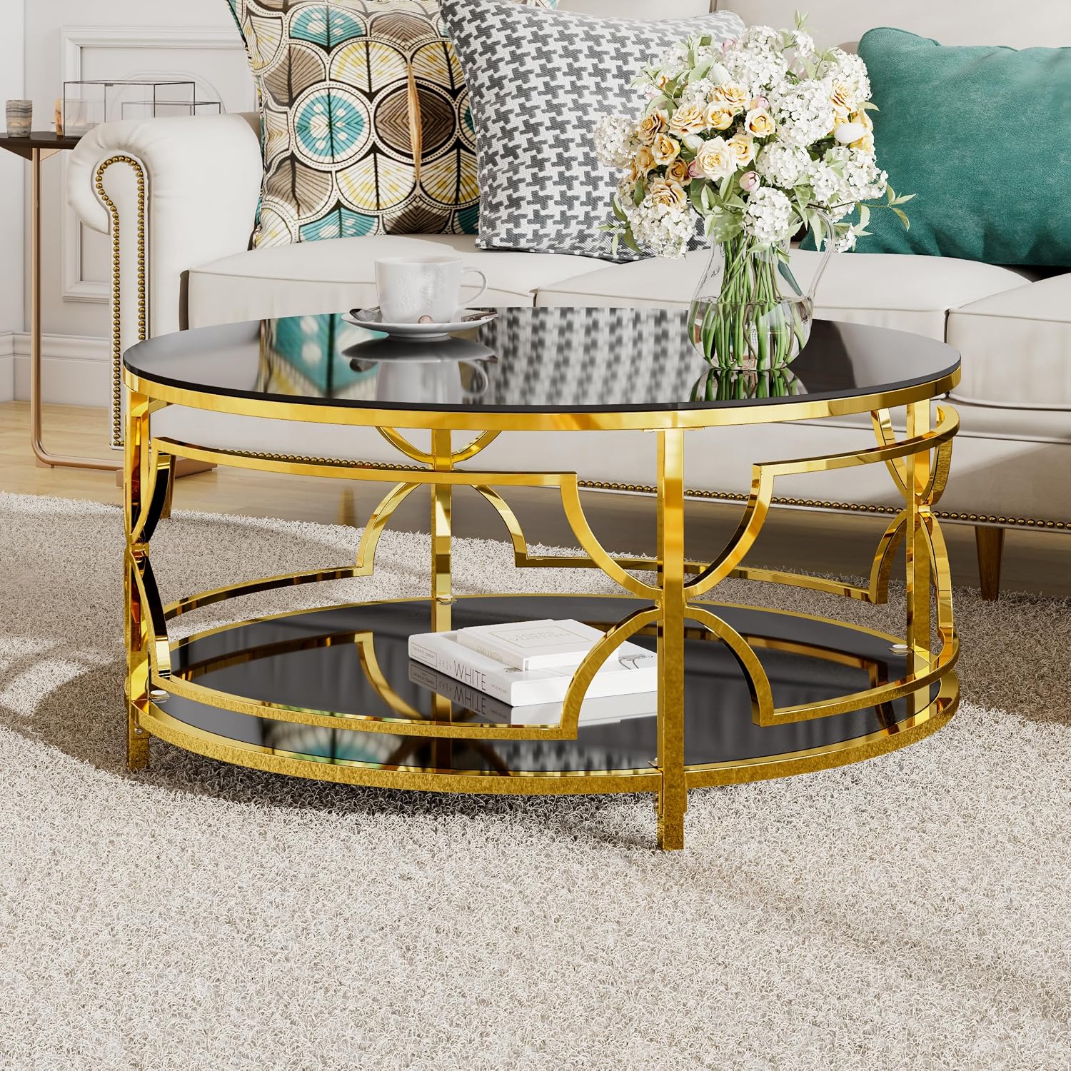 Merax 30.7' Round Tempered Glass Coffee Table, Luxurious Gold Geometric Metal Frame Side Table with Lower Storage Shelf, Modern Accent End Tables for Living Room, Bedroom, Apartment, Office, Black