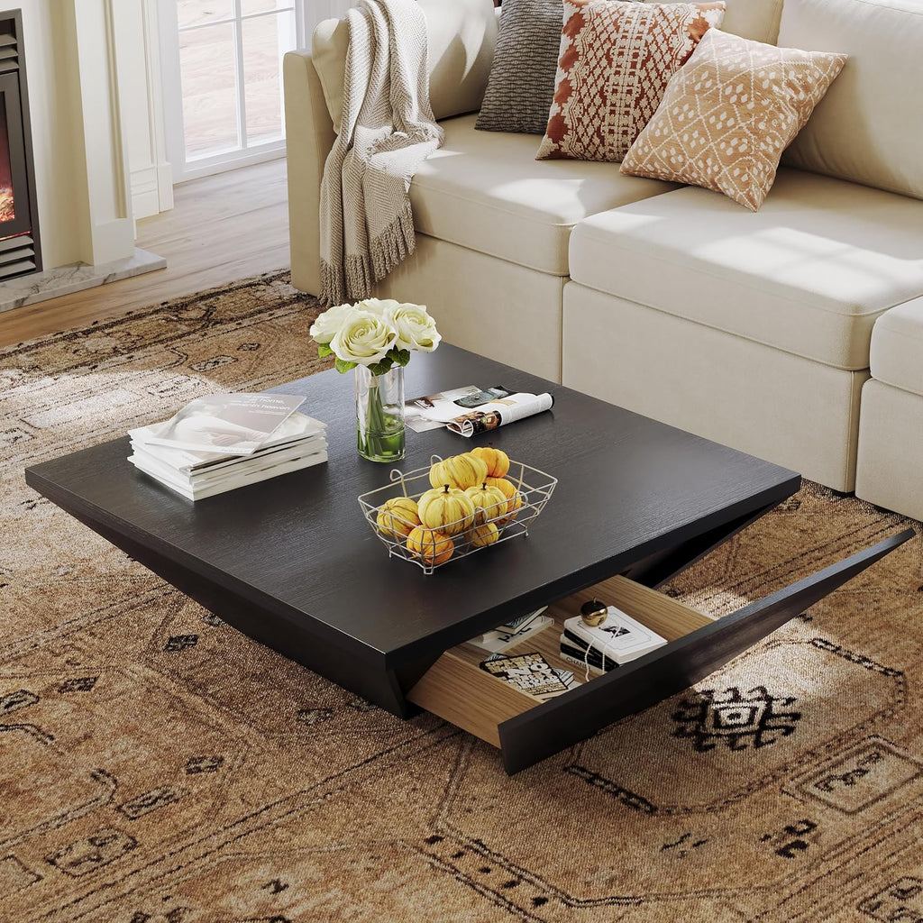 POVISON Modern Coffee Tables for Living Room, Square Coffee Table with Storage, Wood Coffee Table with Drawers, 39.4' Black Trapezoidal Living Room Tables for Home Office, Fully Assembled