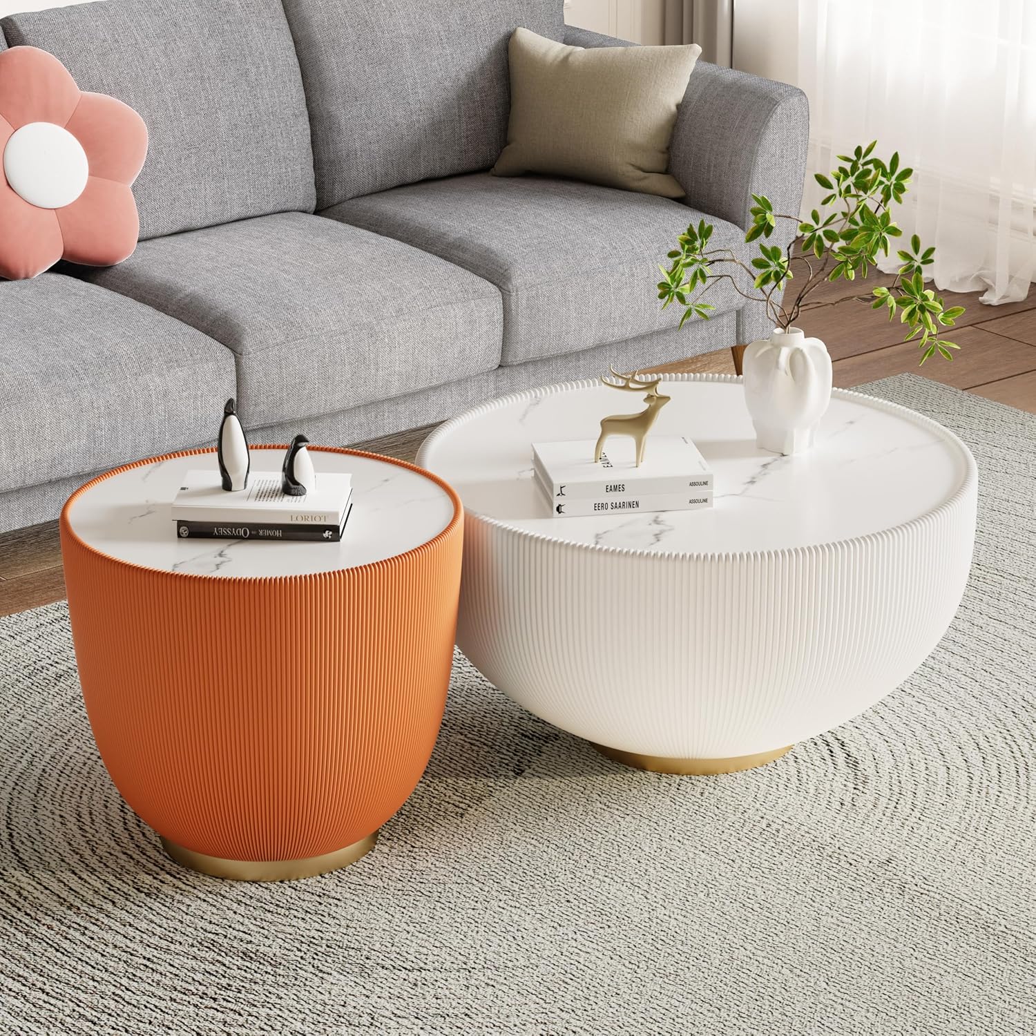 Orange Round Coffee Table with Sintered Stone Tabletop, 19.69 Drum Coffee Table with Fluted PU Leather Covered and Metal Base, Circle Cocktail Tea Table for Living Room