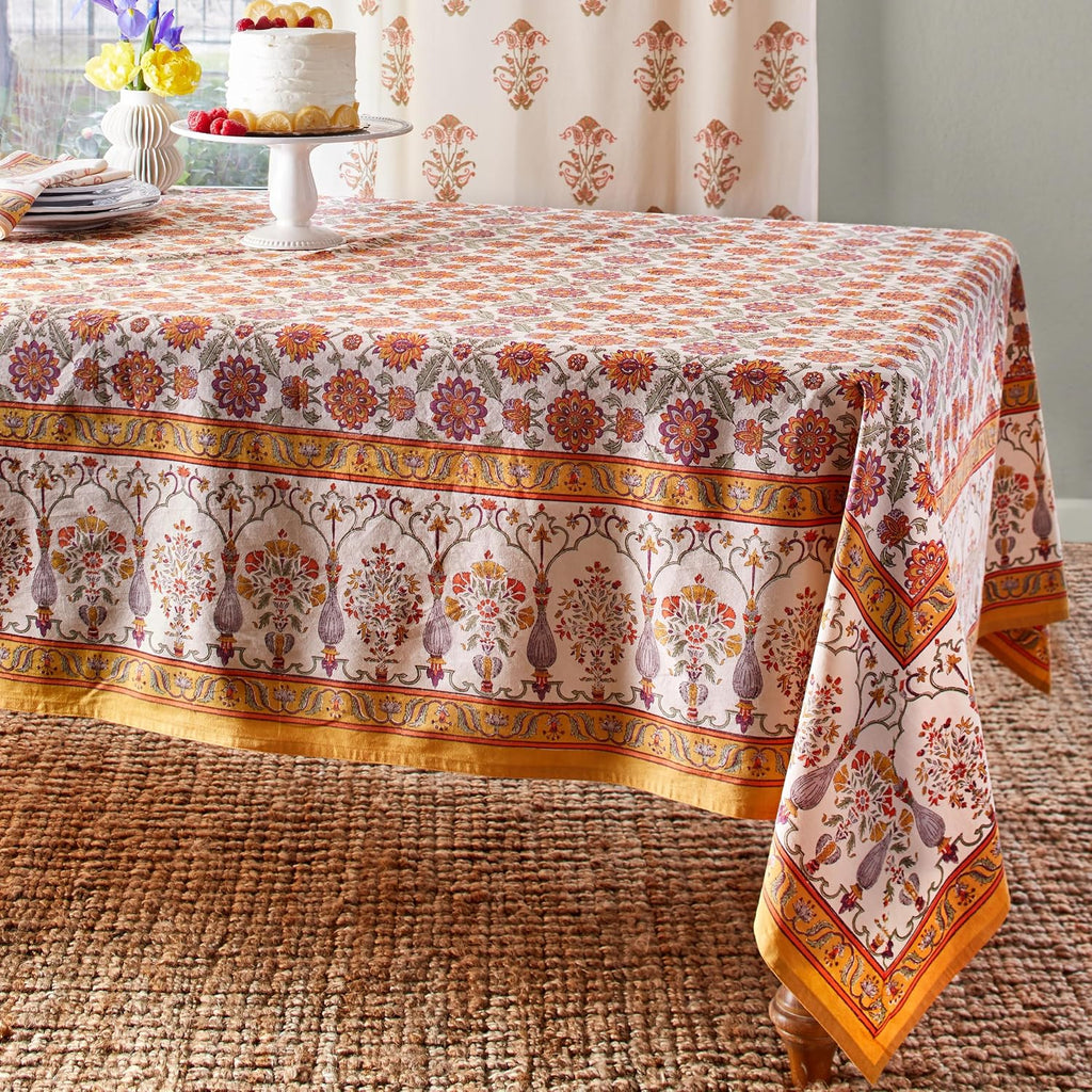 Saffron Marigold Rectangle Hand Block Printed Tablecloth - Orange Blossom Luxurious 100% Cotton, Washable, for Home Decor, Kitchen, Coffee Or Dining Table 70 x 90 Inches
