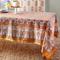 Saffron Marigold Rectangle Hand Block Printed Tablecloth - Orange Blossom Luxurious 100% Cotton, Washable, for Home Decor, Kitchen, Coffee Or Dining Table 70 x 108 Inches
