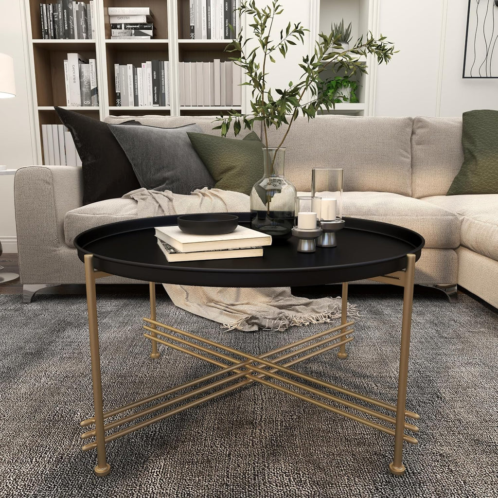 Deco 79 Metal Living Room Coffee Table Tray Top Table with Gold X-Shaped Base, Center Table 33' x 33' x 19', Black