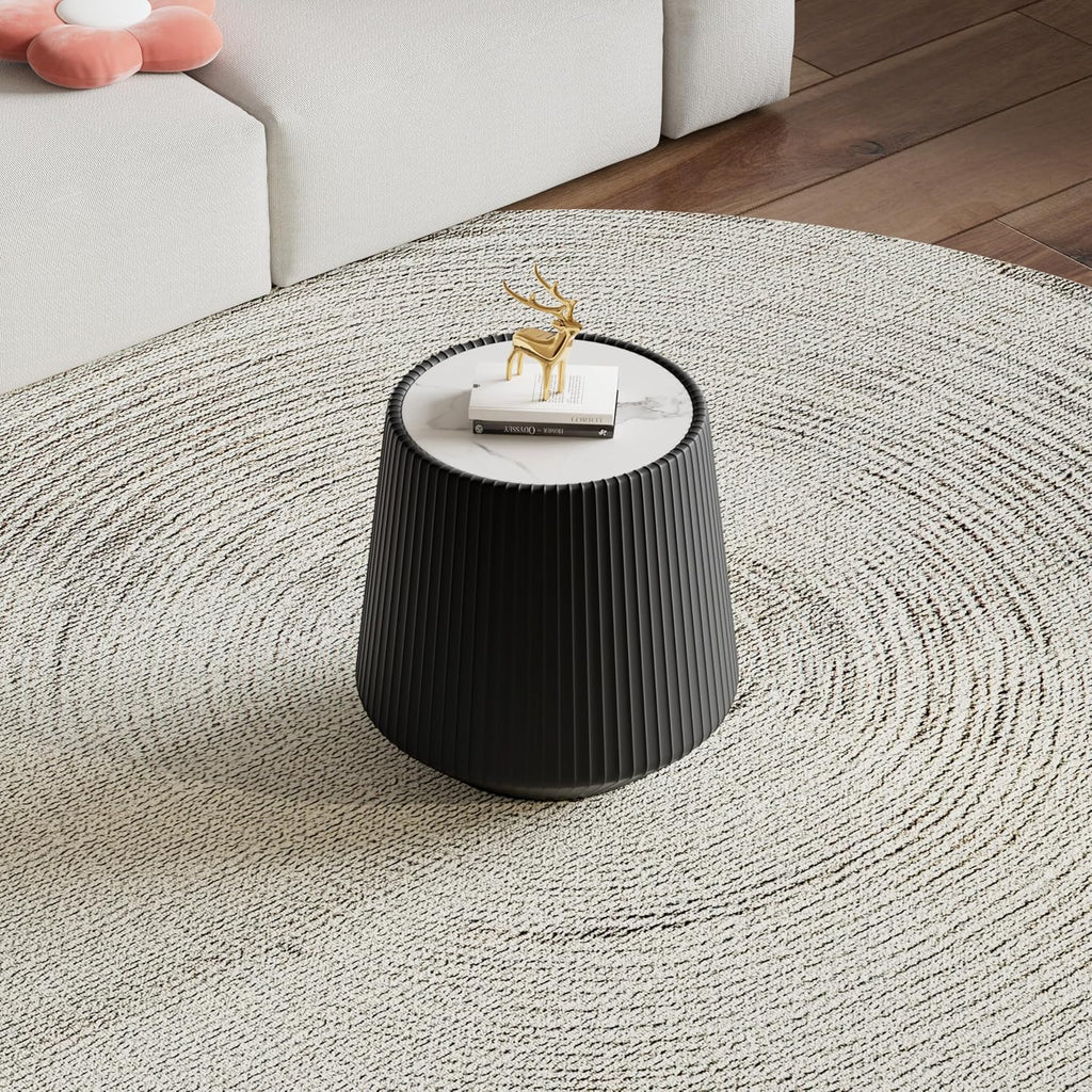 Round Coffee Table Set with Sintered Stone Tabletop, 26.77' Grey Drum Center Table and 19.68' Black Coffee Table Set, 2 Pieces Living Room Table Set with Fluted PU Leather Cover& Stable Base