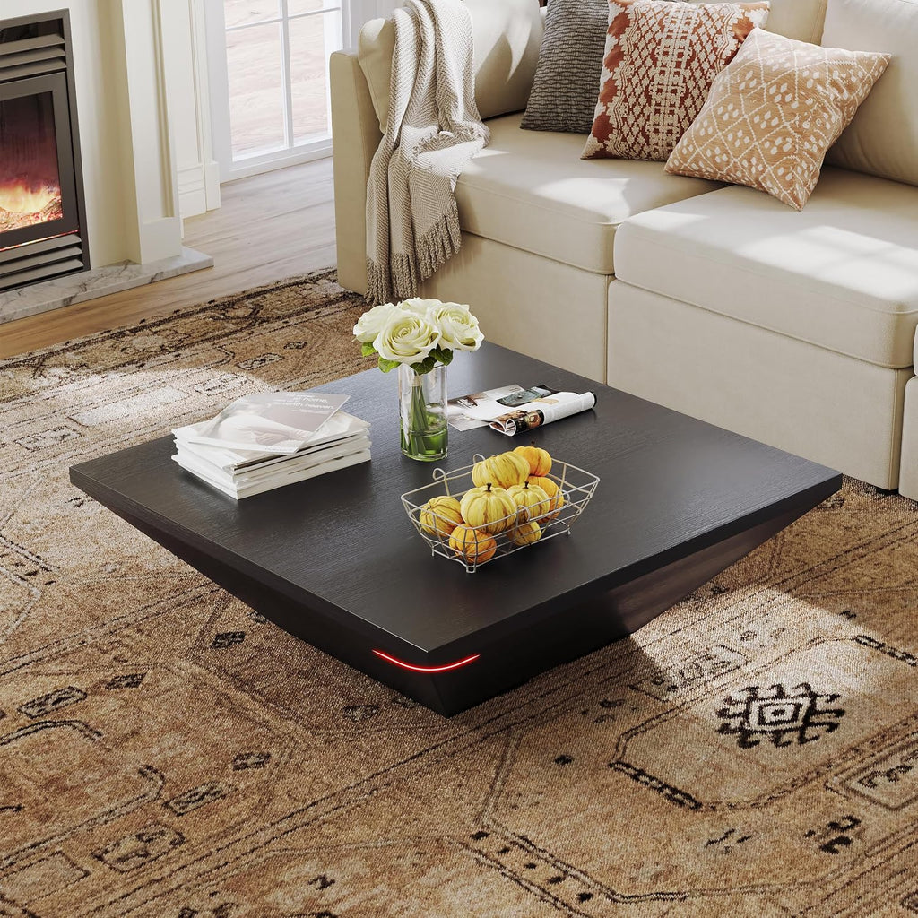 POVISON Modern Coffee Tables for Living Room, Square Coffee Table with Storage, Wood Coffee Table with Drawers, 39.4' Black Trapezoidal Living Room Tables for Home Office, Fully Assembled