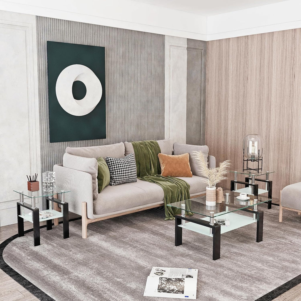 Living Room Tables Set,3 Piece Glass Coffee Table and End Tables Set for Living Room, Coffee Table Set with Tempered Glass Tabletop and Metal Frame for Apartment, Small Space, Black