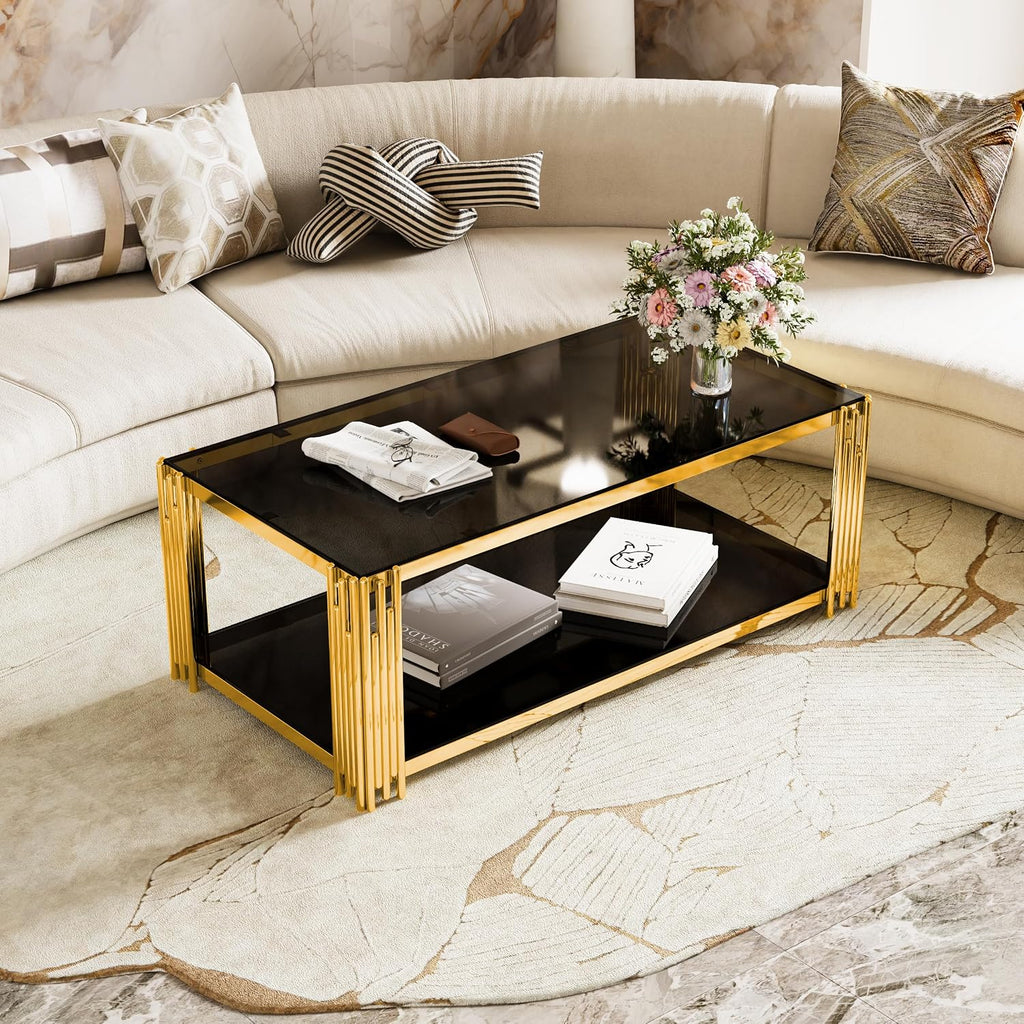 Merax Table Set of 3, with 1 Rectangle Coffee Table & 2 Square End Tables, Black Mirror, Asymmetrical Metal, Gold Finish & Lower Shelf, for Living Room Apartment, Black