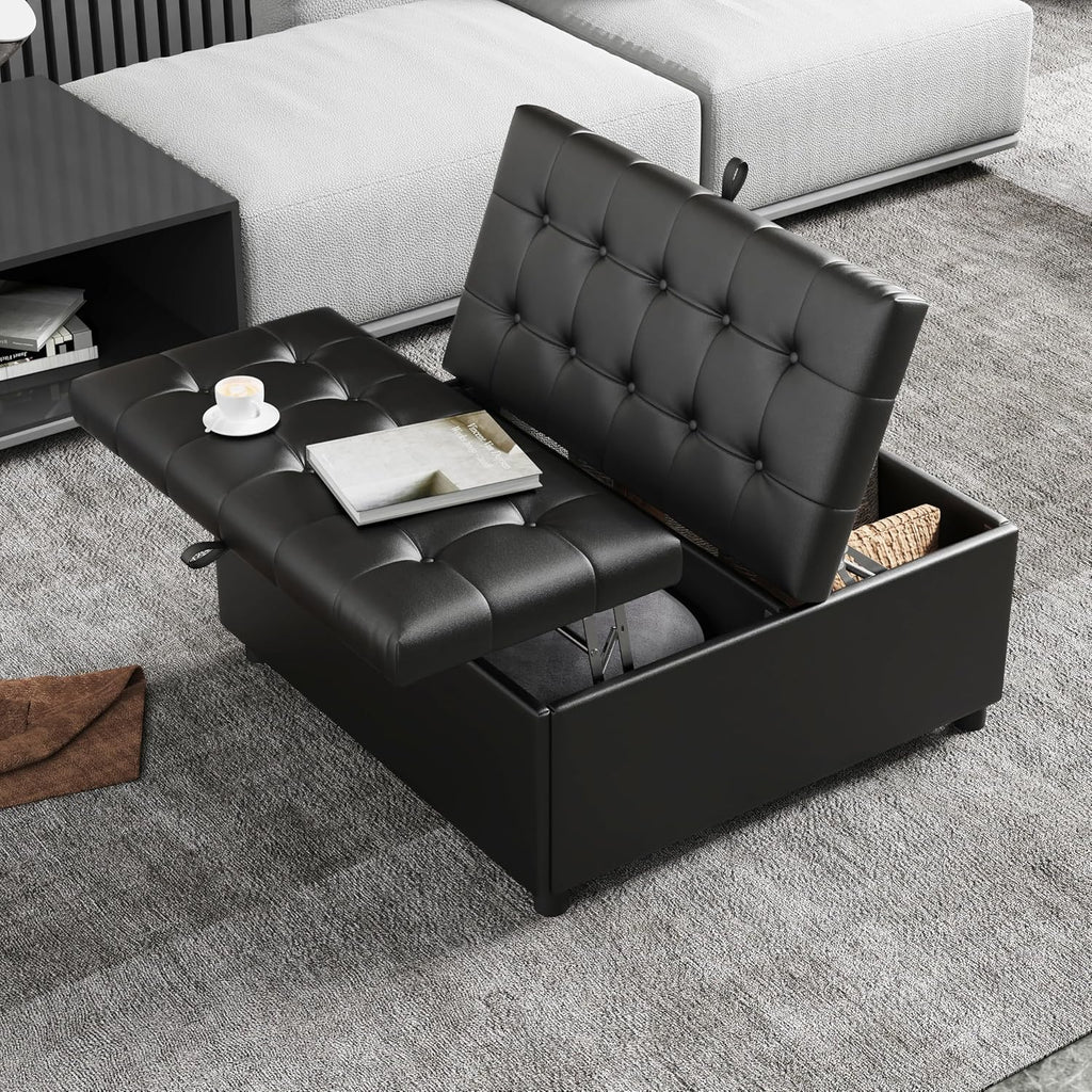LINLUX 35.5 Inch Large Leather Storage Ottoman, Extra Large Square Lift Top Ottoman Coffee Table with Storage, Tufted Leather Ottoman Footrest Toy Box for Living Room, Black