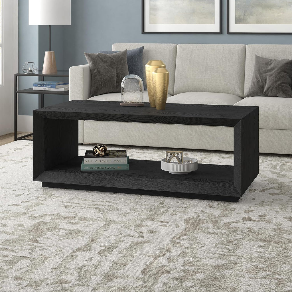 Henn&Hart 48' Rectangular Coffee Table with Open Storage Shelf for Living Room, Family Room, or Office, Natural Black