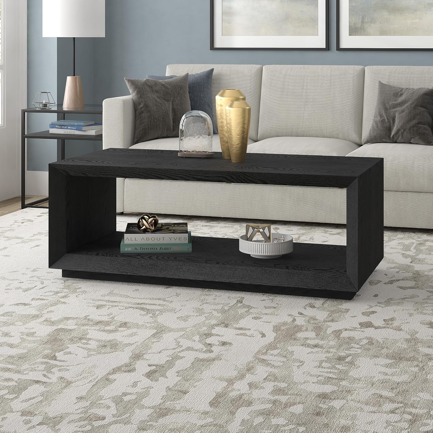 Henn&Hart 48' Rectangular Coffee Table with Open Storage Shelf for Living Room, Family Room, or Office, Natural Black